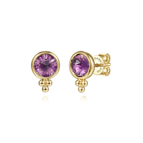 Gabriel - 14K Yellow Gold Round Bezel Amethyst Stud Earrings