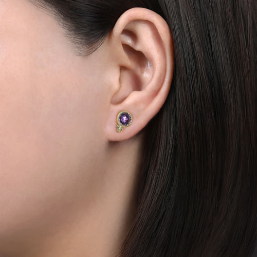14K Yellow Gold Round Bezel Amethyst Stud Earrings