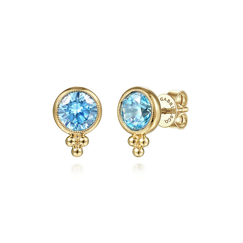 14K Yellow Gold Round Bezel London Blue Topaz Stud Earrings