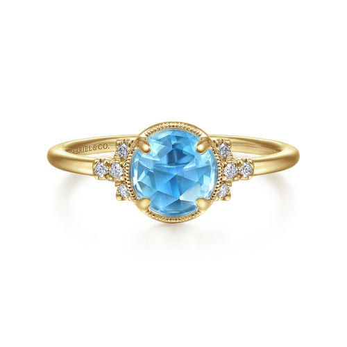 14K Yellow Gold Round Bezel Set Blue Topaz Ring with Diamond Side Accents