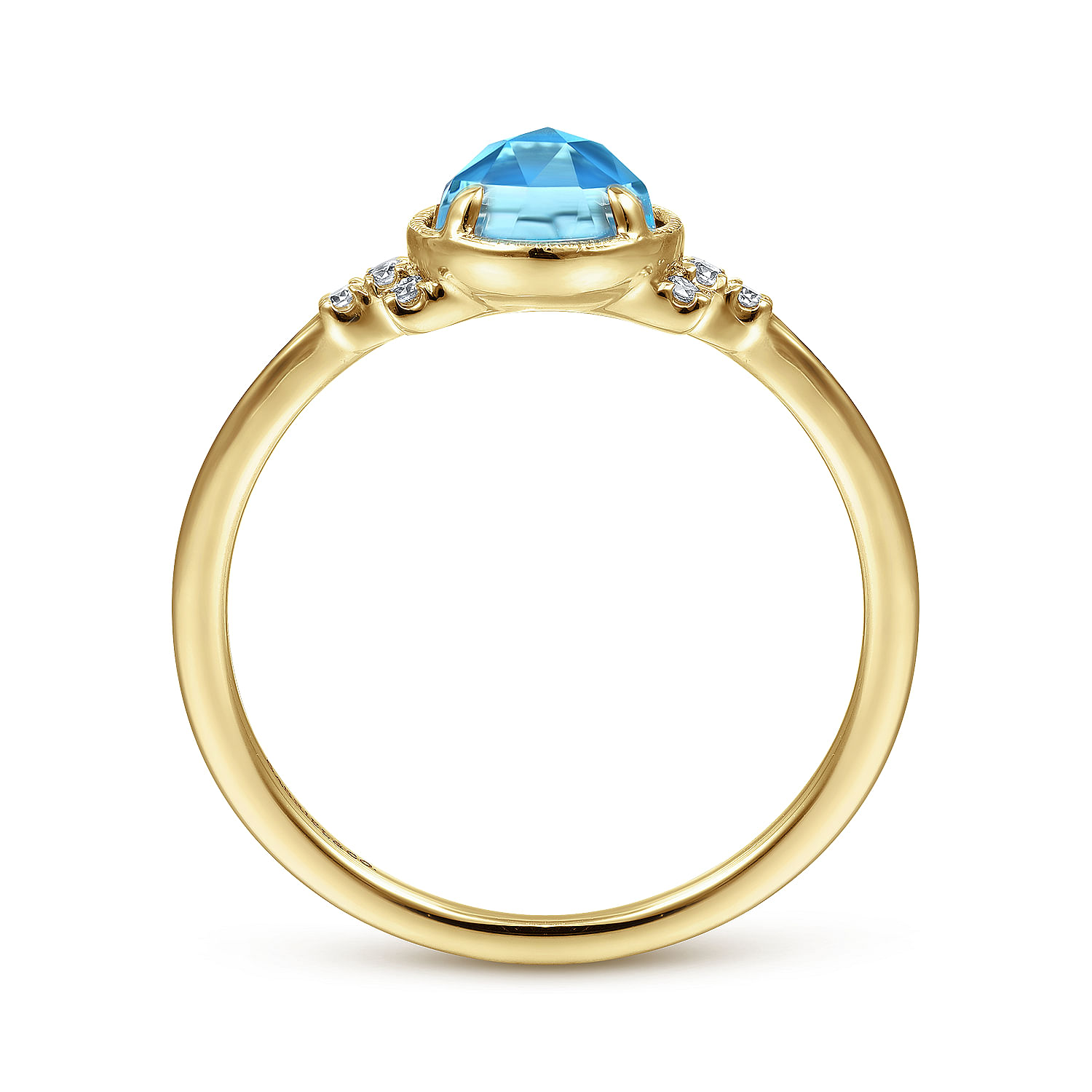 14K Yellow Gold Round Bezel Set Blue Topaz Ring with Diamond Side Accents