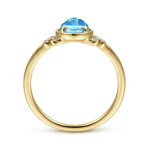 14K Yellow Gold Round Bezel Set Blue Topaz Ring with Diamond Side Accents