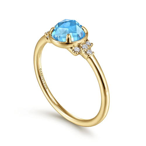 14K Yellow Gold Round Bezel Set Blue Topaz Ring with Diamond Side Accents