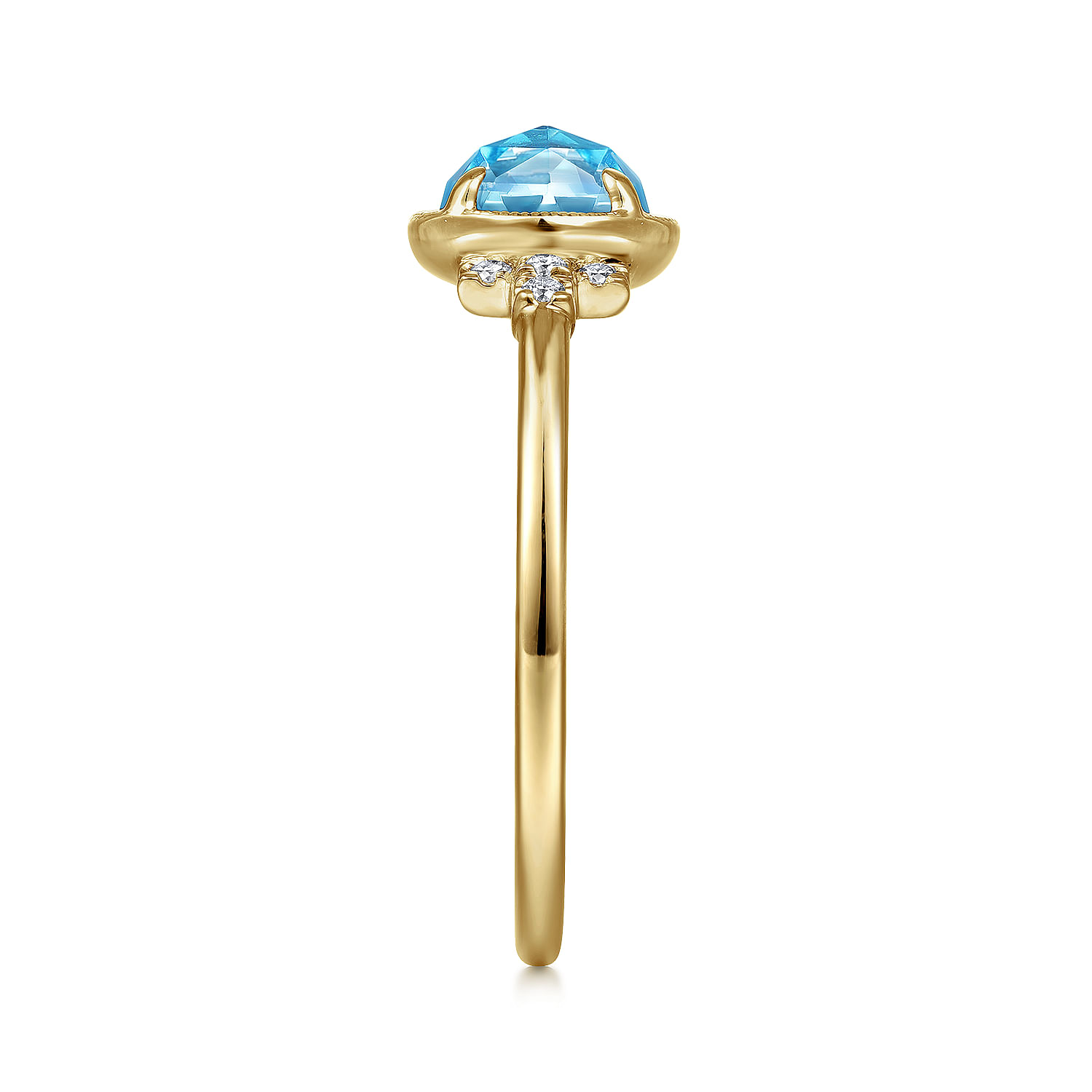 14K Yellow Gold Round Bezel Set Blue Topaz Ring with Diamond Side Accents