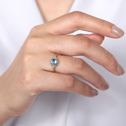 14K Yellow Gold Round Bezel Set Blue Topaz Ring with Diamond Side Accents