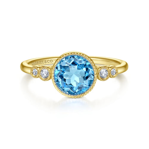 14K Yellow Gold Round Bezel Set Blue Topaz and Diamond Ring