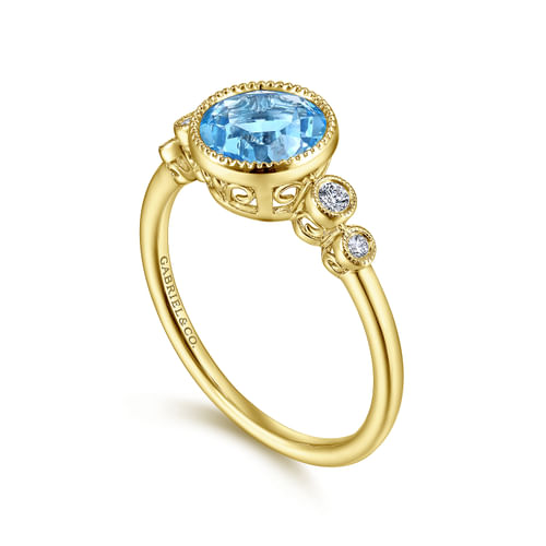 14K Yellow Gold Round Bezel Set Blue Topaz and Diamond Ring