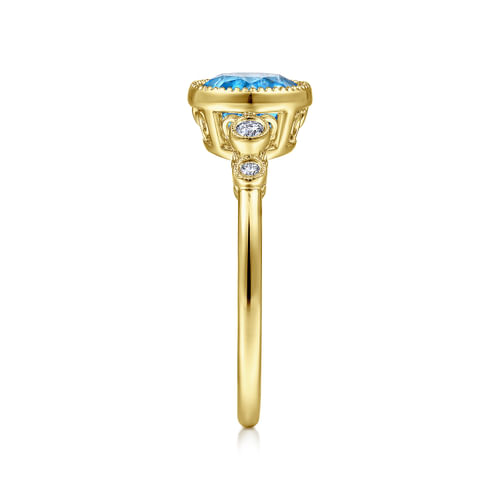 14K Yellow Gold Round Bezel Set Blue Topaz and Diamond Ring