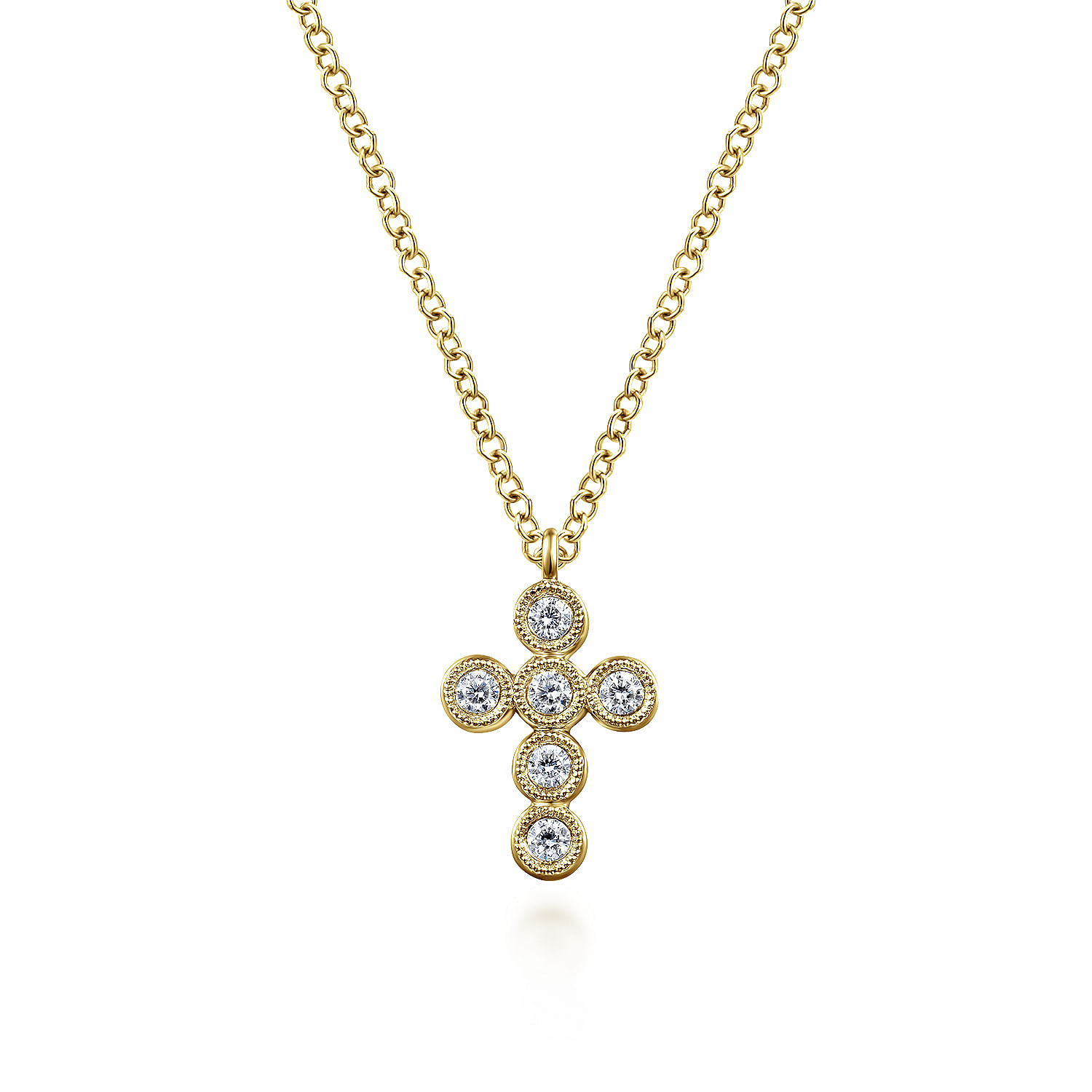 14K Yellow Gold Round Bezel Set Diamond Cross Pendant Necklace
