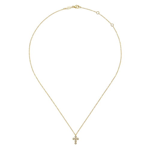 14K Yellow Gold Round Bezel Set Diamond Cross Pendant Necklace