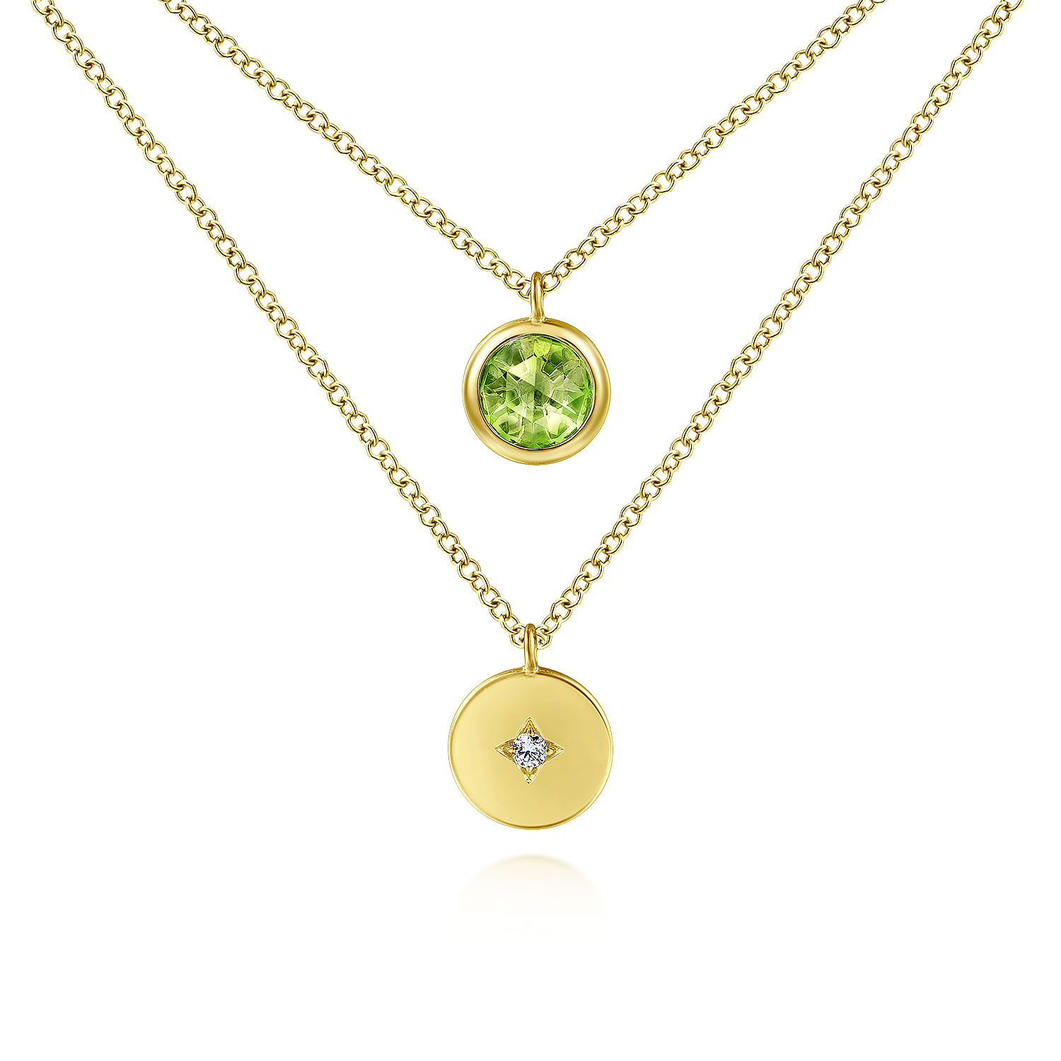 14K Yellow Gold Round Bezel Set Peridot and Diamond Disc Necklace