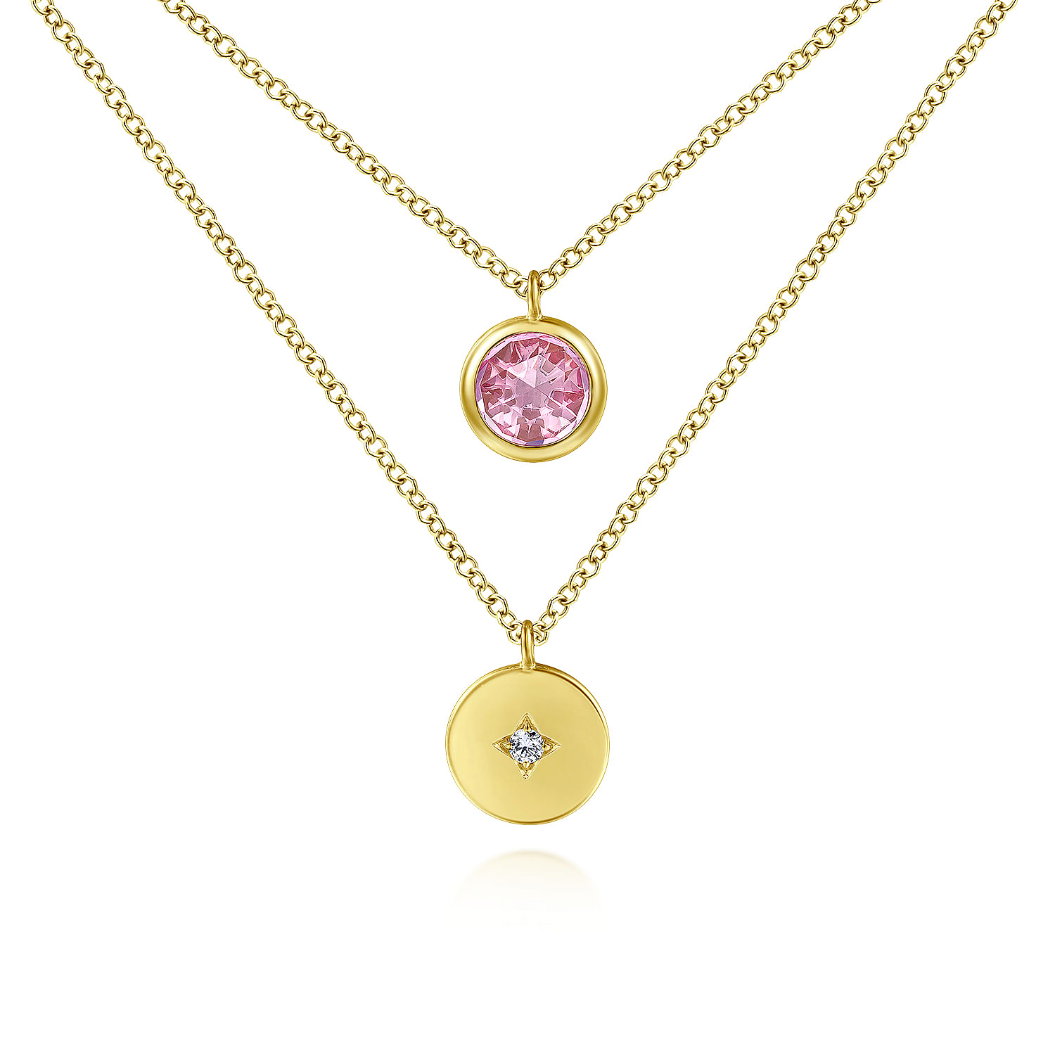 14K Yellow Gold Round Bezel Set Pink Created Zircon and Diamond Disc Necklace
