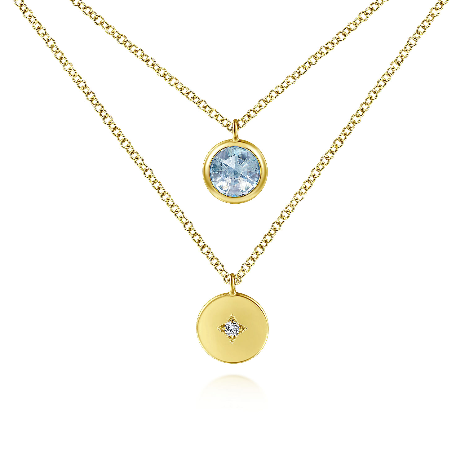 14K Yellow Gold Round Bezel Set Sky Blue Topaz and Diamond Disc Necklace