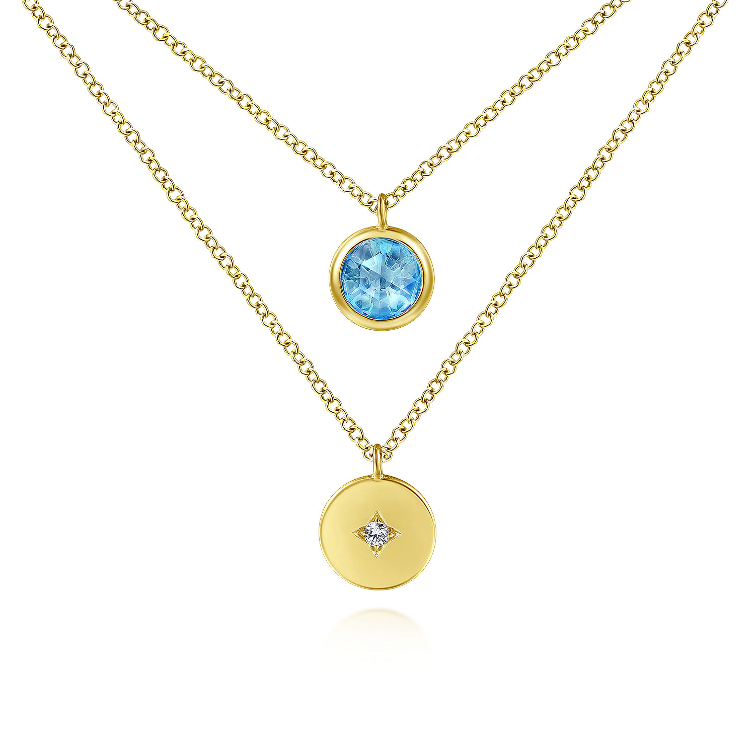 14K Yellow Gold Round Bezel Set Swiss Blue Topaz and Diamond Disc Necklace