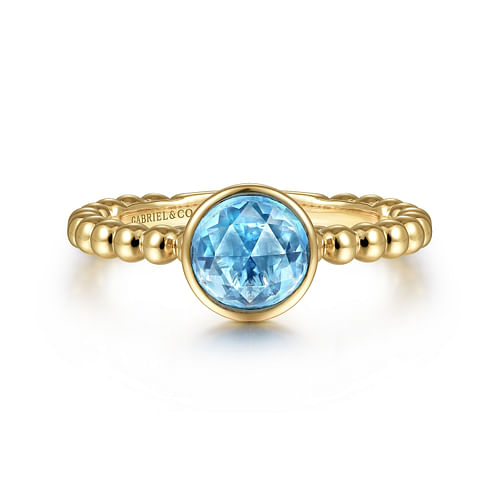 14K Yellow Gold Round Blue Topaz Bezel Set Ring with Bujukan Bead Shank