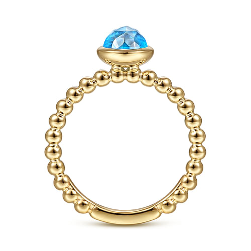 14K Yellow Gold Round Blue Topaz Bezel Set Ring with Bujukan Bead Shank