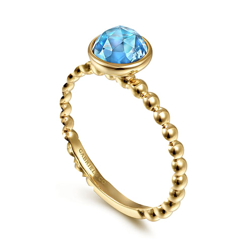 14K Yellow Gold Round Blue Topaz Bezel Set Ring with Bujukan Bead Shank