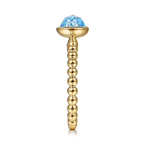 14K Yellow Gold Round Blue Topaz Bezel Set Ring with Bujukan Bead Shank