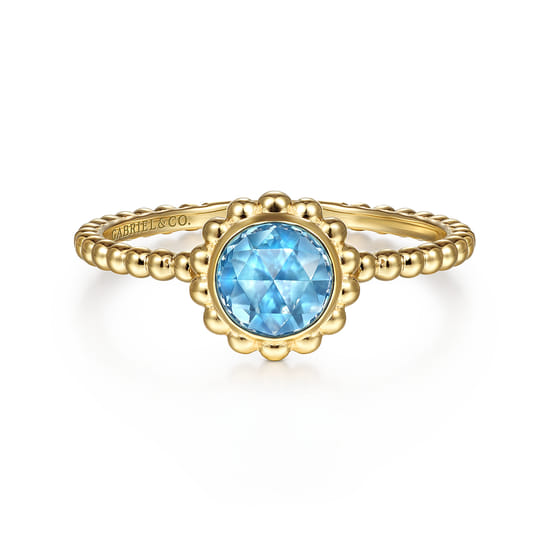14K Yellow Gold Round Blue Topaz Bujukan Beaded Promise Ring