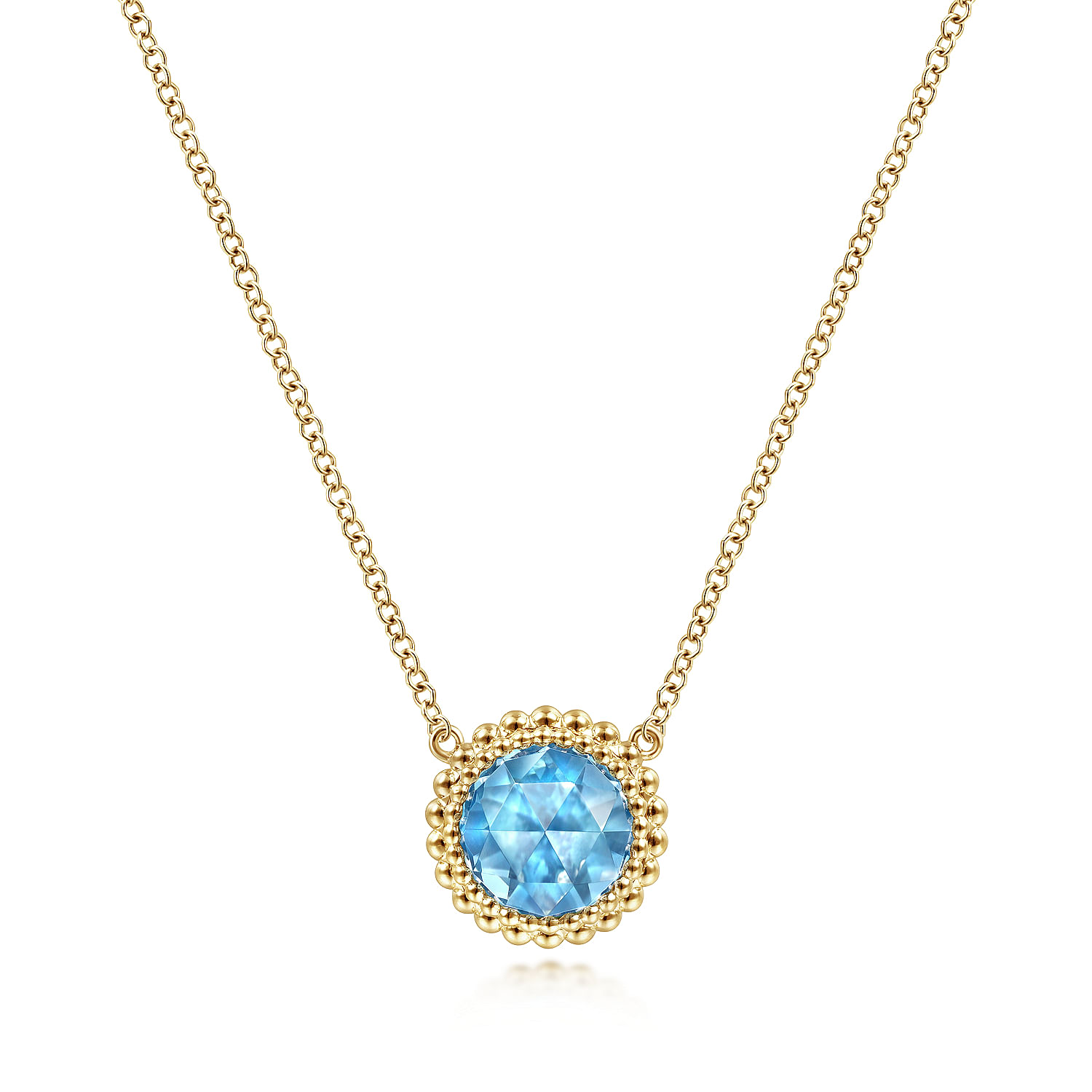 14K Yellow Gold Round Blue Topaz Pendant Necklace with Bujukan Bead Halo