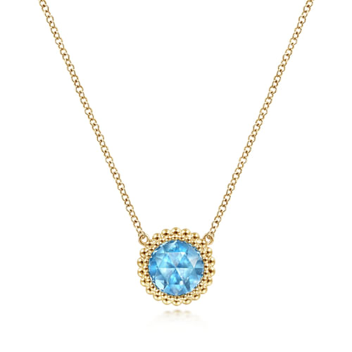 14K Yellow Gold Round Blue Topaz Pendant Necklace with Bujukan Bead Halo