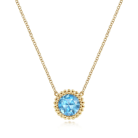 Gabriel - 14K Yellow Gold Round Blue Topaz Pendant Necklace with Bujukan Bead Halo