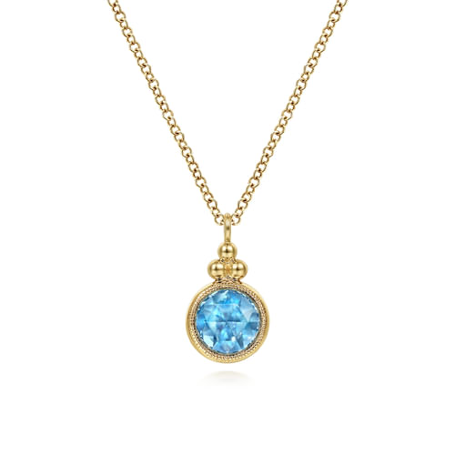 14K Yellow Gold Round Blue Topaz Pendant Necklace