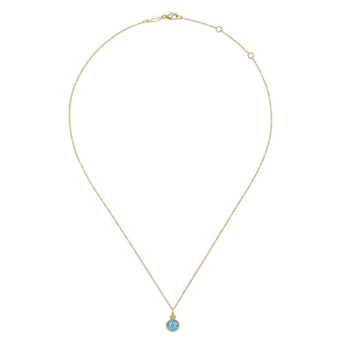 14K Yellow Gold Round Blue Topaz Pendant Necklace