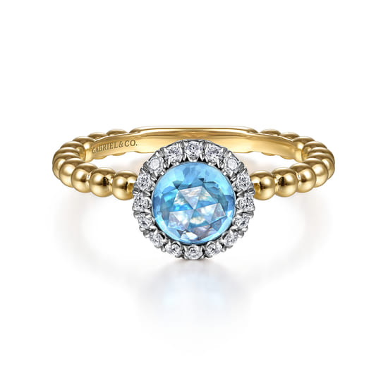 14K Yellow Gold Round Blue Topaz and Diamond Halo Bezel Set Bujukan Promise Ring 
