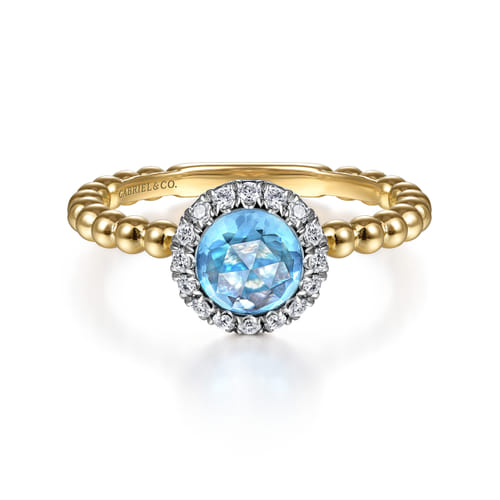 14K Yellow Gold Round Blue Topaz and Diamond Halo Bezel Set Bujukan Promise Ring 14K Yellow Gold Round Blue Topaz and Diamond Halo Bezel Set Bujukan Promise Ring