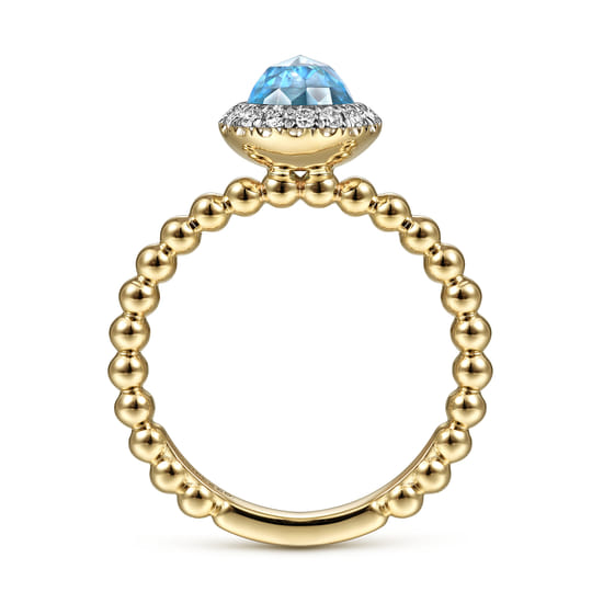 14K Yellow Gold Round Blue Topaz and Diamond Halo Bezel Set Bujukan Promise Ring  angle 2