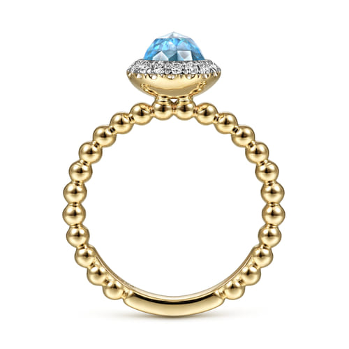 14K Yellow Gold Round Blue Topaz and Diamond Halo Bezel Set Bujukan Promise Ring 14K Yellow Gold Round Blue Topaz and Diamond Halo Bezel Set Bujukan Promise Ring