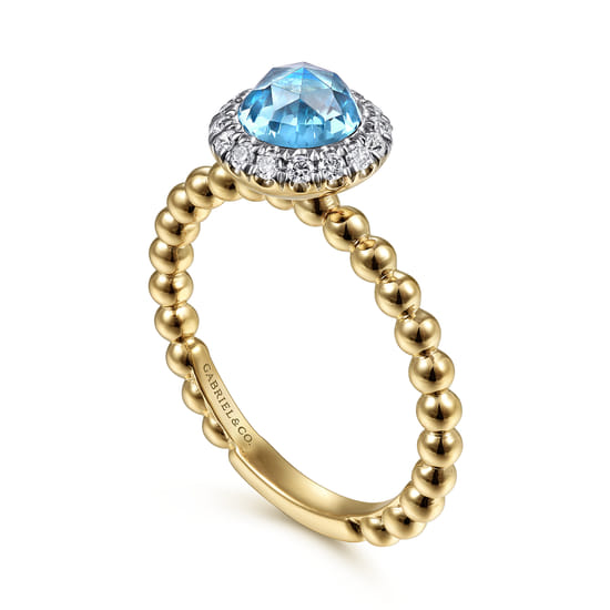 14K Yellow Gold Round Blue Topaz and Diamond Halo Bezel Set Bujukan Promise Ring  angle 3
