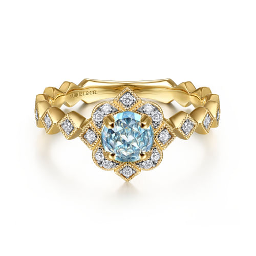 14K Yellow Gold Round Blue Topaz and Diamond Halo Ring