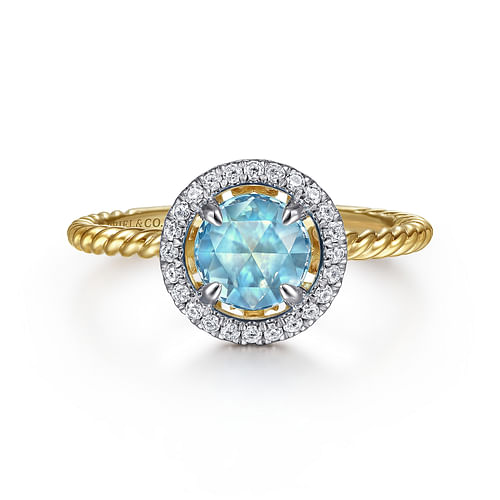 14K Yellow Gold Round Blue Topaz and Floating Diamond Halo Ring