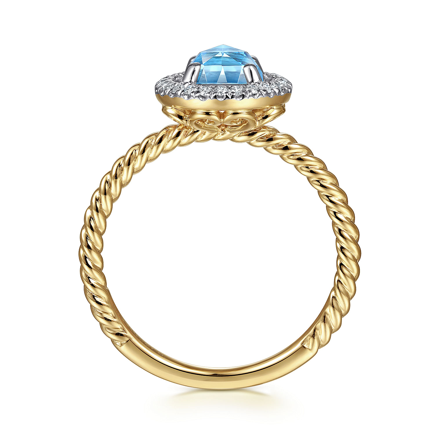 14K Yellow Gold Round Blue Topaz and Floating Diamond Halo Ring