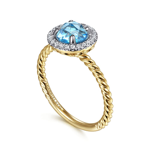 14K Yellow Gold Round Blue Topaz and Floating Diamond Halo Ring