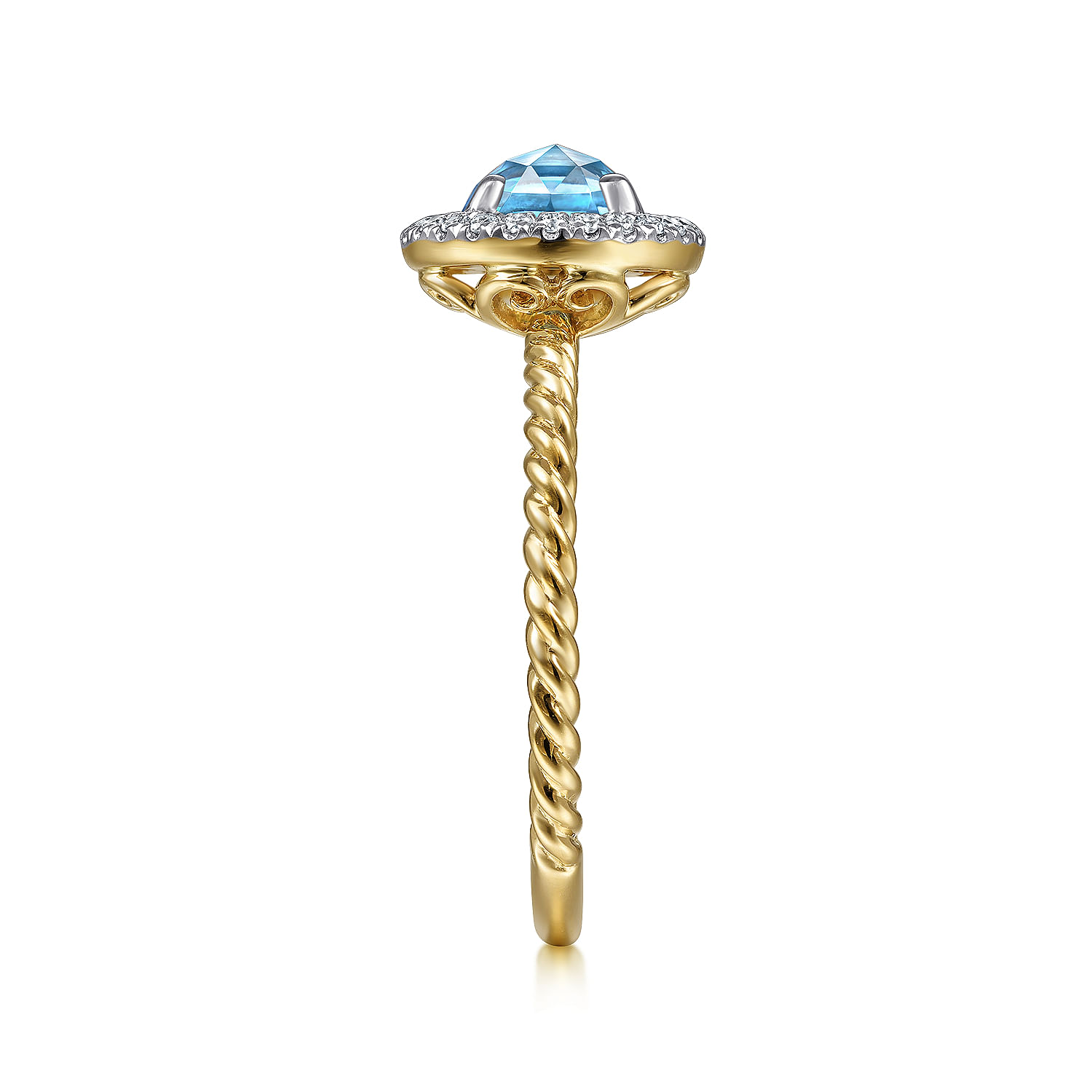 14K Yellow Gold Round Blue Topaz and Floating Diamond Halo Ring