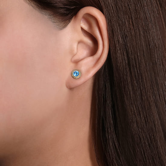 14K Yellow Gold Round Blue Topaz and Twisted Rope Frame Stud Earrings angle 2