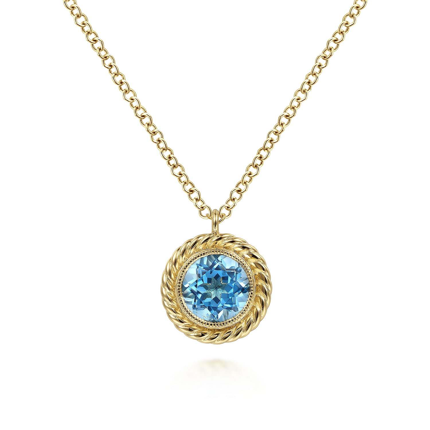 14K Yellow Gold Round Blue Topaz and Twisted Rope Pendant Necklace