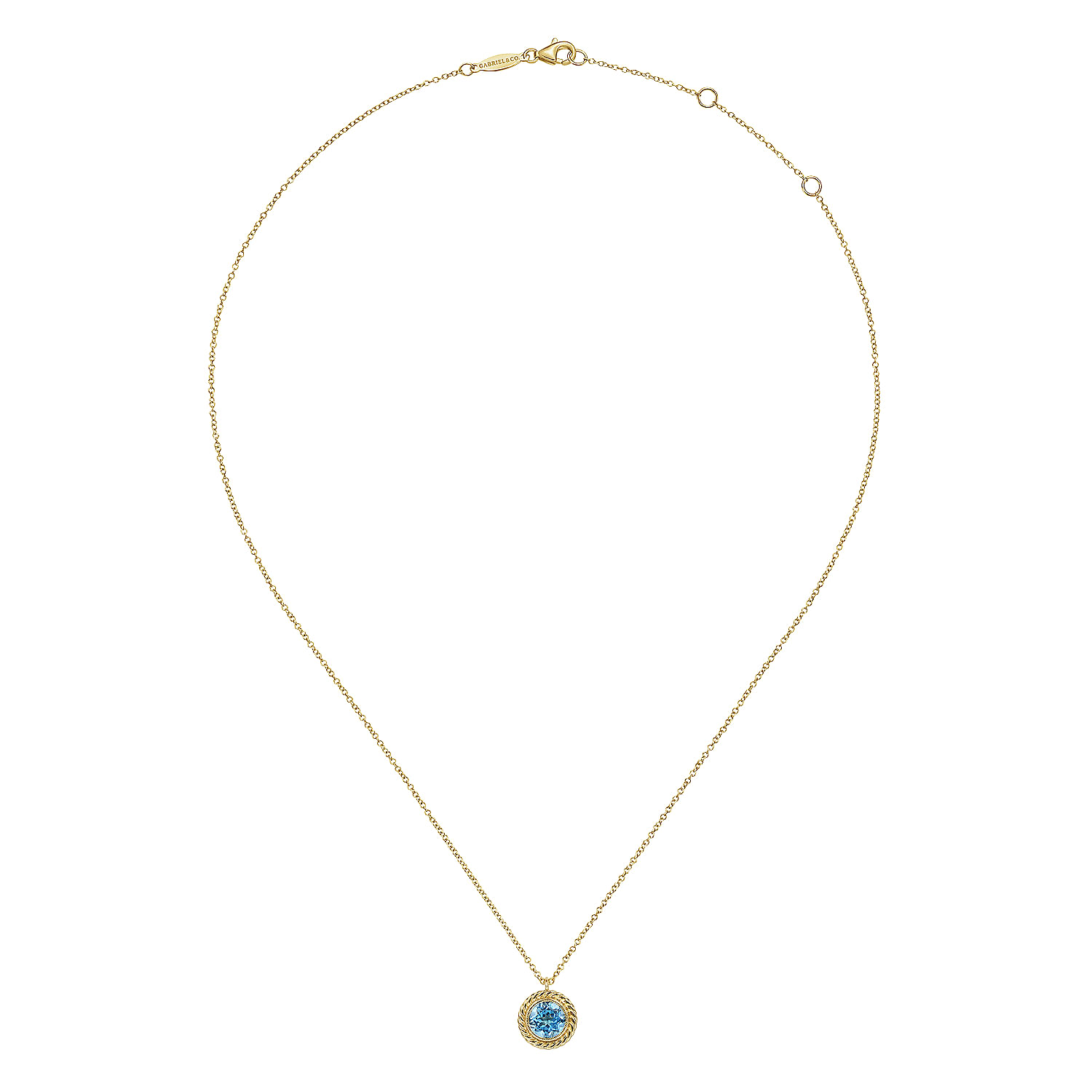 14K Yellow Gold Round Blue Topaz and Twisted Rope Pendant Necklace