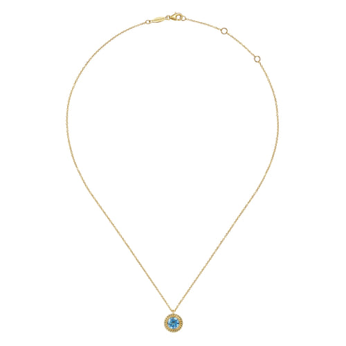 14K Yellow Gold Round Blue Topaz and Twisted Rope Pendant Necklace