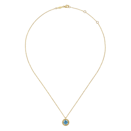 14K Yellow Gold Round Blue Topaz and Twisted Rope Pendant Necklace angle 2