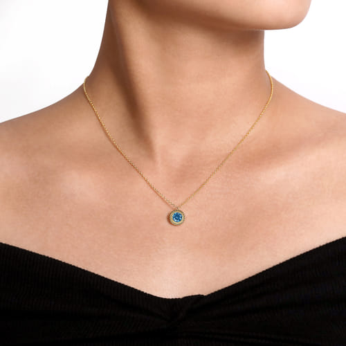 14K Yellow Gold Round Blue Topaz and Twisted Rope Pendant Necklace