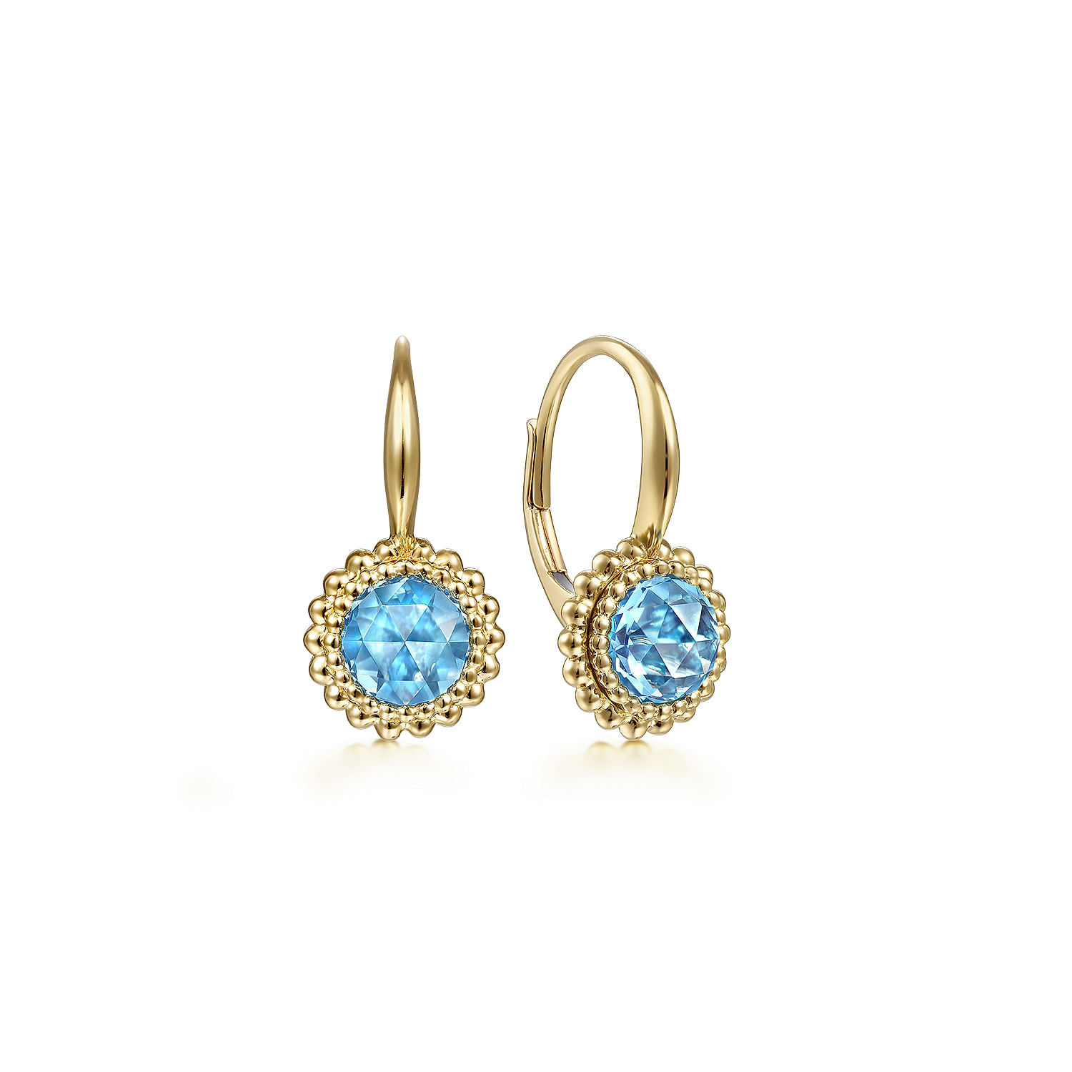 Gabriel - 14K Yellow Gold Round Blue Topaz with Beaded Frame Leverback Earrings