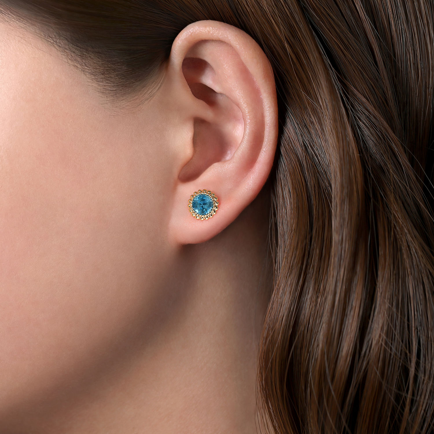 14K Yellow Gold Round Blue Topaz with Beaded Frame Stud Earrings