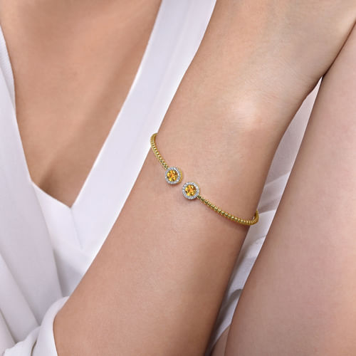 14K Yellow Gold Round Citrine and Diamond Halo Bujukan Bangle