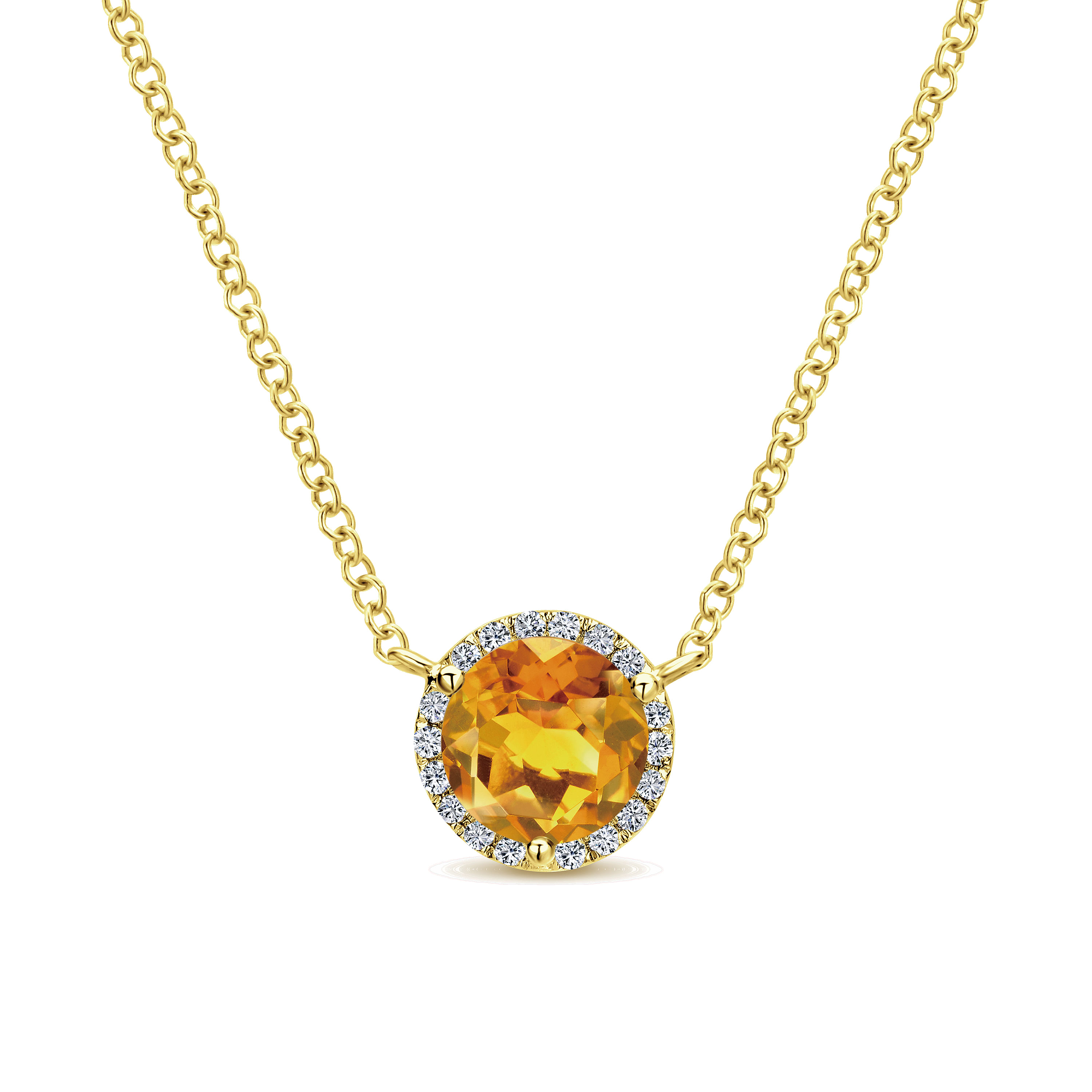 Gabriel - 14K Yellow Gold Round Citrine and Diamond Halo Pendant Necklace