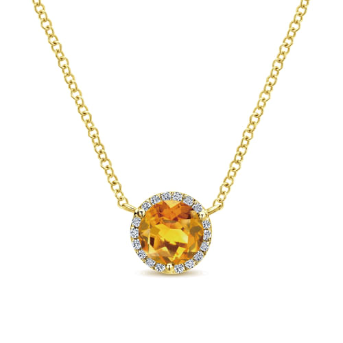 14K Yellow Gold Round Citrine and Diamond Halo Pendant Necklace