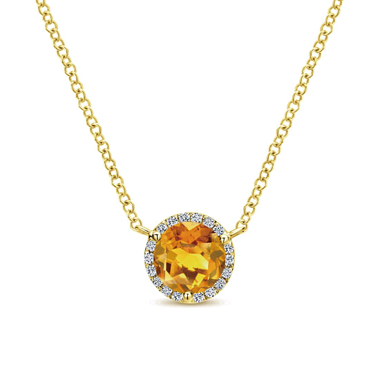 Gabriel - 14K Yellow Gold Round Citrine and Diamond Halo Pendant Necklace